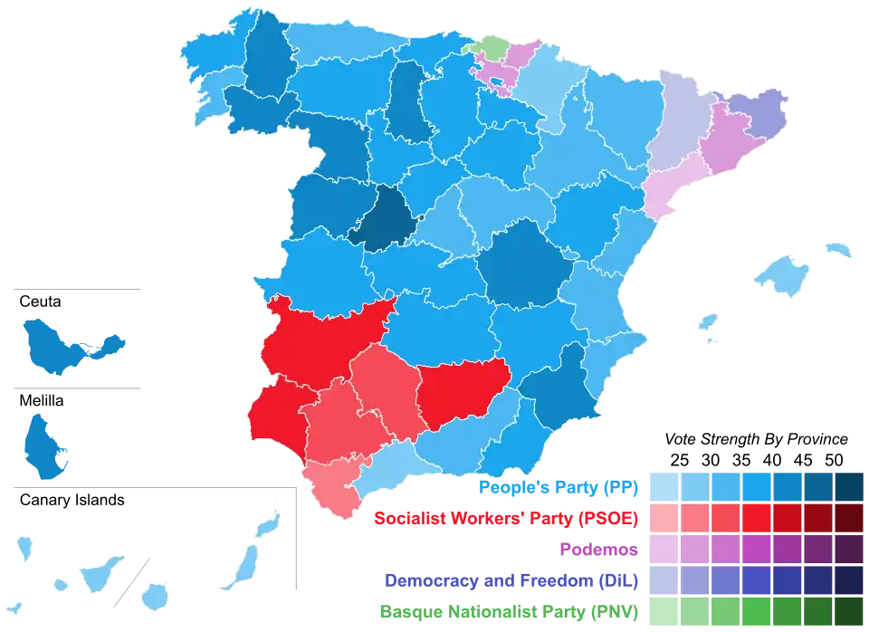 Map of Spain showcasing winning party's strength by constituency