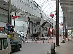 The damaged Sunlive Kengun in the pedestrian arcade in downtown Kumamoto.