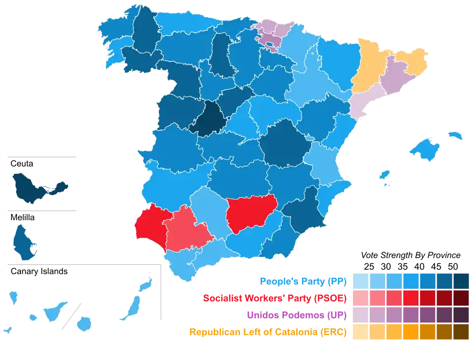 Map of Spain showcasing winning party's strength by constituency