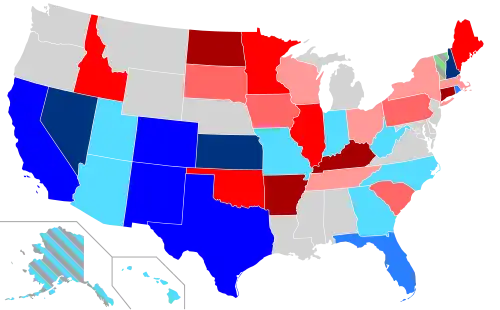 Net changes to lower house seats after the 2016 elections &nbsp;&nbsp;&nbsp;&nbsp;&nbsp;+1 Dem seat &nbsp;&nbsp;&nbsp;&nbsp;&nbsp;+2 Dem seats &nbsp;&nbsp;&nbsp;&nbsp;&nbsp;+3–5 Dem seats &nbsp;&nbsp;&nbsp;&nbsp;&nbsp;+10–13 Dem seats &nbsp;&nbsp;&nbsp;&nbsp;&nbsp;+1 Rep seat &nbsp;&nbsp;&nbsp;&nbsp;&nbsp;+2 Rep seats &nbsp;&nbsp;&nbsp;&nbsp;&nbsp;+3–5 Rep seats &nbsp;&nbsp;&nbsp;&nbsp;&nbsp;+6–17 Rep seats &nbsp;&nbsp;&nbsp;&nbsp;&nbsp;+1 Ind seat &nbsp;&nbsp;&nbsp;&nbsp;&nbsp;+1 Prog seat