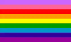 Gilbert Baker's 9 Striped Pride Flag (2017). The first stripe is Lavender added to represent diversity, second is pink, third is red, fourth is orange, fifth is yellow, sixth is green, seventh is muted turquoise, eighth is blue, nineth is violet.