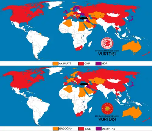 Results of voters abroad in the first and second rounds. in 2018 Turkish presidential election