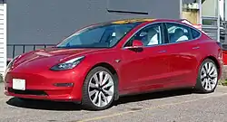 The front half of the Tesla Model 3, a sedan