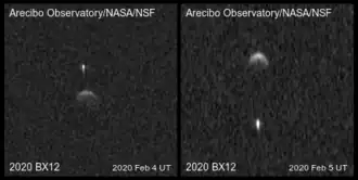 The satellite of 2020 BX12 appears as a small, elongated object separate from the asteroid in radar images.