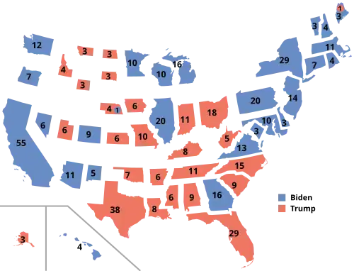 A discontinuous cartogram of the 2020 United States presidential election, scaled by their Electoral College contribution