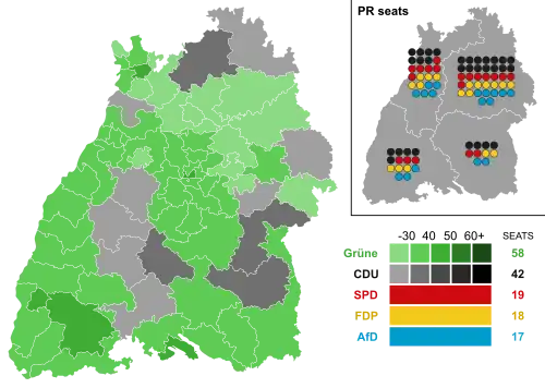 2021 Baden-Württemberg state election, Black is CDU, Green is A90/The Greens.