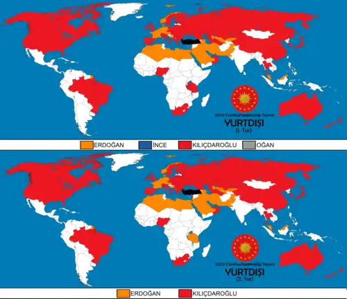 Results of voters abroad in the first and second rounds. In 2023 Turkish presidential election