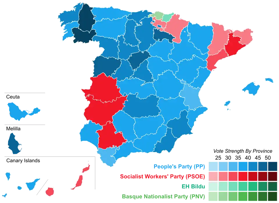 Map of Spain showcasing winning party's strength by constituency