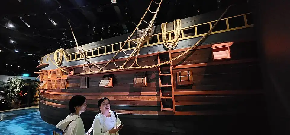 A mockup of, apparently, a 19th-century British warship, installed in 2019.