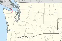 A map of Washington state with the location of the Lower Elwha Klallam Tribe circled in red