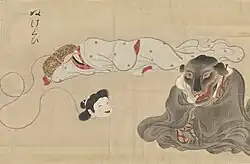 22 Nukekubi (ぬけくび) are female yōkai whose heads detach from their bodies at night to hunt and prey on human blood. Their heads can either detach completely or remain attached by a string-like neck.[63] They are a variation of the Rokurokubi (轆轤首) yōkai.[63] Nukekubi are ordinary women by day but bloodthirsty hunters at night, all without their knowledge. Their methods of hunting include sucking their victims' blood or biting them.[64] The curse of Nukekubi is often spread from mothers to daughters, and there is no certain cure.[64] Stories of the Nukekubi appear as early as the Heian period.[65][63]