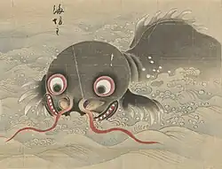 24 Umibōzu (海坊主) is a yōkai from Japanese folklore. Little is known of the origin of umibōzu, but it is a sea-spirit and as such has multiple sightings throughout Japan.[70] Normally, umibōzu appears to sailors on calm seas which quickly turn tumultuous. It either breaks the ship on emergence or demands a bucket or barrel from the sailors and proceeds to drown them.[71] The only safe way to escape an umibōzu is to give it a bottomless barrel and sail away while it is confused. It often appears as a humanoid shape with a shaved head and piercing eyes, much like that of a buddha.[72][70]