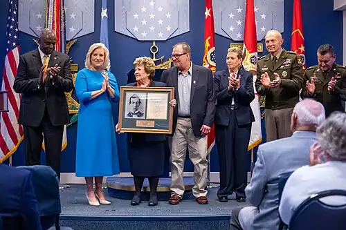 Lloyd Austin, Christine Wormuth, Randy A. George and Michael Weimer with Wilson's family at the Pentagon Hall of Heroes Induction Ceremony (July 4, 2024)