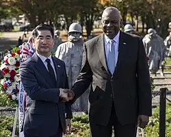 Secretary Lloyd Austin and Minister Kim Yong-hyun participate in a wreath-laying ceremony at the Korean War Veterans Memorial in October 2024