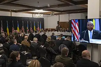 Lloyd Austin speaks at 25th UDCG meeting, the last chaired by him, on 9 January 2025. Ramstein Air Base, Germany
