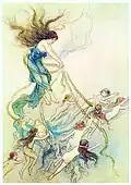 Illustration from the 1909 Warwick Goble version of the book which also features on its front cover