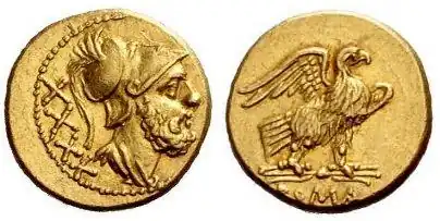 Issue worth 40 (XXXX) asses, 211 BC. The obverse depicts the god Mars.