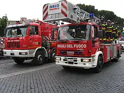 Italian Fire Service vehicles with an Astra crane on the left and a Magirus turntable ladder on the right, Army Parade in Rome, 2&nbsp;June&nbsp;2006