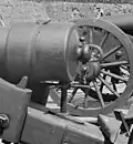 Older model 4.2-inch Parrott rifle with breech resting on elevating screw. Shackle on cascabel may indicate gun was originally intended for naval use.