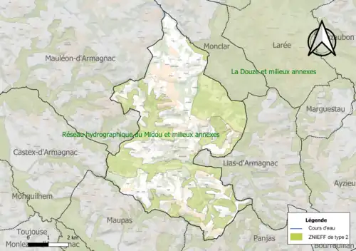 Map of type 2 ZNIEFFs in the commune