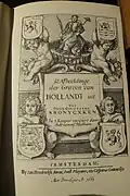 Titlepage of the Counts of Holland series (based on earlier work by Philips Galle and probably as a tribute, showing Galle's "Maiden Holland" at the top, 1663