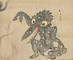 33 Kamikiri (かみきり) are yōkai that have insect-like characteristics with scissor-like hands and a long beak. They are known for using their scissor-like hands to cut an unsuspecting victim's hair off without warning or motive. Not much is actually known about kamikiri because there has not been a single documented eye-witness account, which might be partially due to the fact that some victims of kamikiri attacks do not realize their hair has been cut until much later.[84] Kamikiri are often depicted in scrolls with a sumo wrestler-type mawashi girded about its loins as it cuts a lock of hair. Kamikiri tend to target young women more so than men, though they have been known to attack men as well. They are especially prone to attack at twilight and in urban areas in places such as dark alleys, bedrooms and, most commonly, bathrooms. Hair in the Edo period of Japan was a symbol of wealth and status, while cutting one's hair was symbolic of becoming a monk or nun, so to have one's hair cut against one's will would have been an extremely unfortunate and terrifying ordeal.[91]