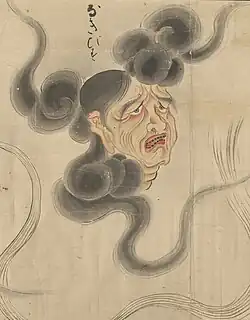 34 Nakibisu (なきびす) is a regional dialect form of nakibeso, meaning "one prone to cry."[92] One other illustration of Nakibisu is known. It is part of a handscroll by the Kyoto artist Murata Ryūtei (村田龍亭, ?-?) titled Hyakki emaki (百鬼絵巻, "Picture scroll of one hundred demons"). The colophon of this scroll is dated 1764.[15][93]