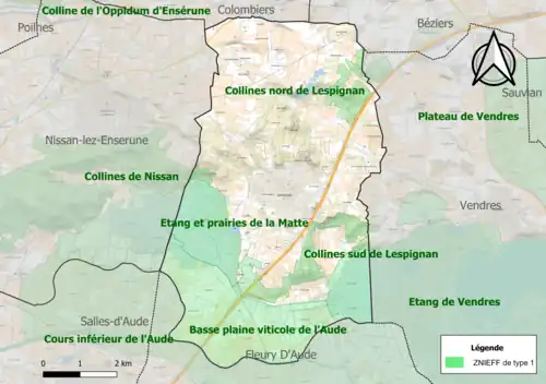 Map of ZNIEFF type 1 in the commune.