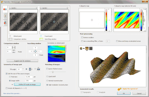 3D surface reconstruction of a (Ra = 3&nbsp;μm) roughness calibration sample (as used to calibrate profilometers), from 2 scanning electron microscope images tilted by 15° (top left). The calculation of the 3D model (bottom right) takes about 1.5 second[57] and the error on the Ra roughness value calculated is less than 0.5%.