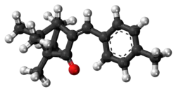 Ball-and-stick model of the 4-methylbenzylidene camphor molecule