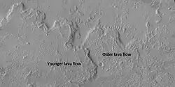 Lava flows with older and younger flows labeled, as seen by HiRISE under HiWish program
