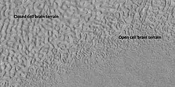 Open and closed brain terrain with labels, as seen by HiRISE under HiWish program