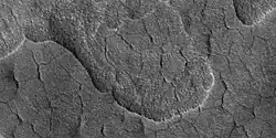 Scalloped terrain, as seen by HiRISE under HiWish program The location is the Casius quadrangle. Studies suggest that there is water-ice in scalloped terrain.