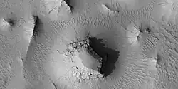 Layered mesa and mounds with dark slope streaks, as seen by HiRISE under HiWish program