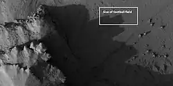 Very close view of individual blocks breaking off layer in a butte, as seen by HiRISE under HiWish program Blocks have angular shapes. Box shows size of football field.