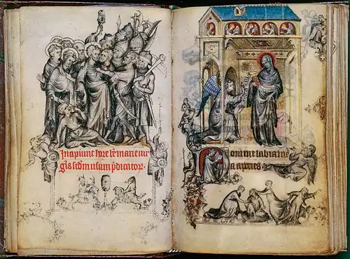 Arrest of Christ and Annunciation of the Virgin; by Jean Pucelle; 1324–1328; grisaille and temprea on vellum; 8.9 x 12.4&nbsp;cm; Metropolitan Museum of Art (New York City)[146]
