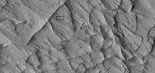 Close view of ridge network, as seen by HiRISE under HiWish program Box shows size of football field.