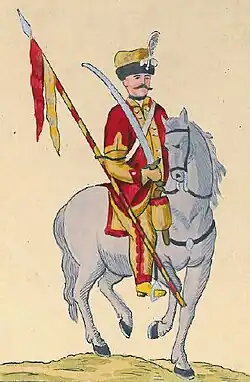 Painting of a man on horseback. He wears a red and yellow uniform military uniform, and carries a large sword and a red and yellow flag.