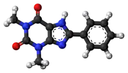 Ball-and-stick model of the 8-phenyltheophylline molecule