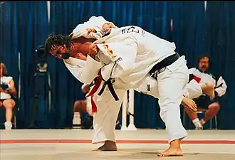 Australian vision impaired judoka Anthony Clarke performing uchi mata at the 1996 Atlanta Paralympic Games