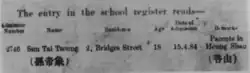 A school registration paper used with Sun Tai Tseung
