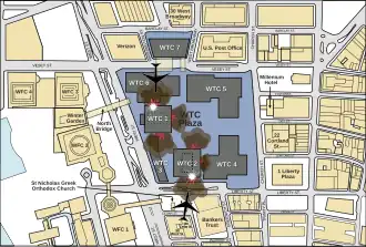 World Trade Center and the surrounding area as seen from directly above depicting where the two planes impacted the towers