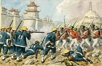 The 98th Regiment of Foot at the attack on Chin-Kiang-Foo (Zhenjiang), 21 July 1842, resulting in the defeat of the Manchu government. Watercolour by military illustrator Richard Simkin (1840–1926)