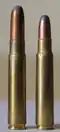 9×57mm Mauser cartridge next to a sporting 7.92×57mm Mauser cartridge, its parent case.