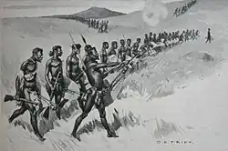 A black and white copy of a watercolour showing a line of Zulus advancing in the foreground, more Zulus are visible in the background.