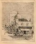 Corner Handy Store, Cathedral Street, Montreal, 1932. Etching by A.M. Pattison. Private Collection.