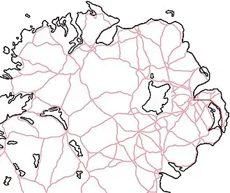 The route of the A20 in red from Belfast city centre (County Antrim) to Portaferry (County Down)