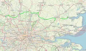 Map of the A414 across south-east England