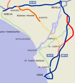 Map showing the A-484 route from Cádiz to Huelva