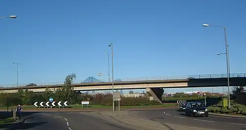 A66 elevated section in Middlesbrough, with the Transporter Bridge in the background at centre left